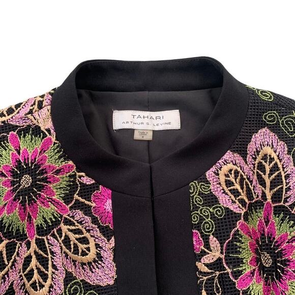TAHARI ASL Floral Embroidered Collarless Jacket Black Classic Unique Size 4 Work - Picture 3 of 16